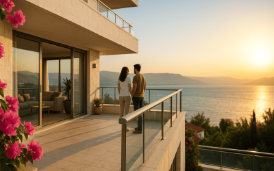 Couple standing on balcony overlooking sea at night.