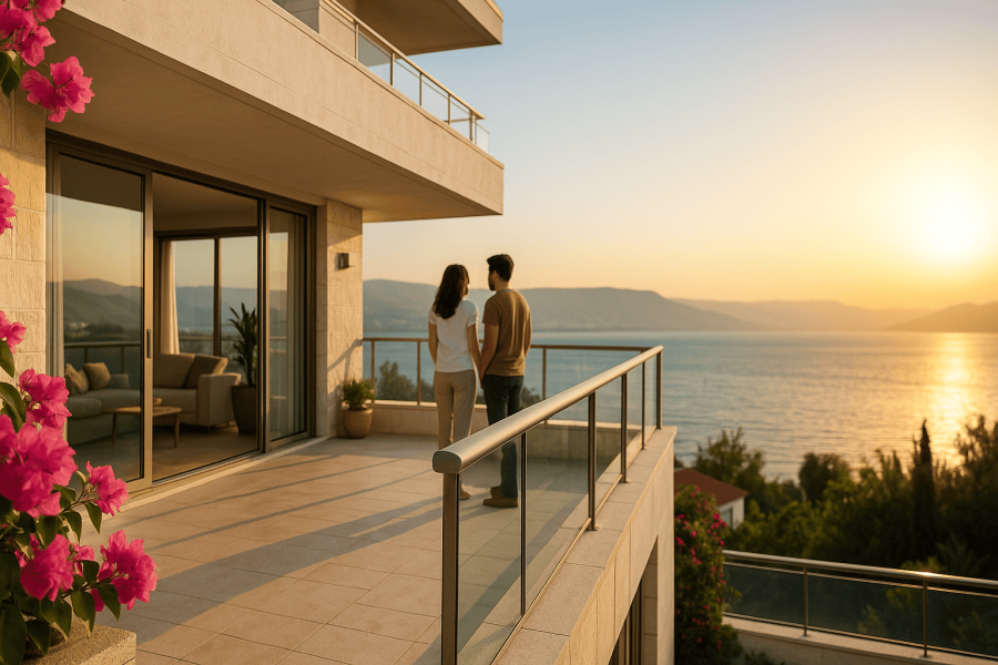 Couple standing on balcony overlooking sea at night.