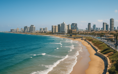 Tel Aviv beach cityscape with waves and buildings.