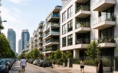 Modern apartment buildings and residential streets in Tel Aviv under a clear sky