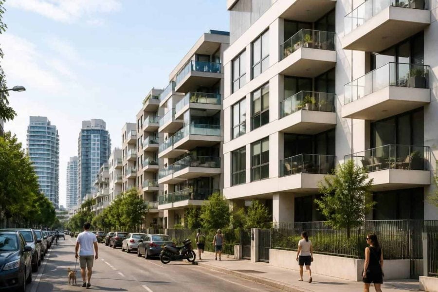 Modern apartment buildings and residential streets in Tel Aviv under a clear sky