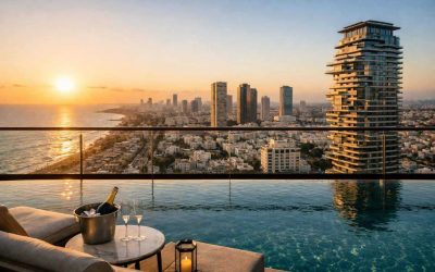 Modern luxury high-rise apartment buildings and skyline along the Tel Aviv coastline