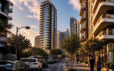 Modern luxury apartment towers and upscale residential buildings in Tel Aviv at sunset