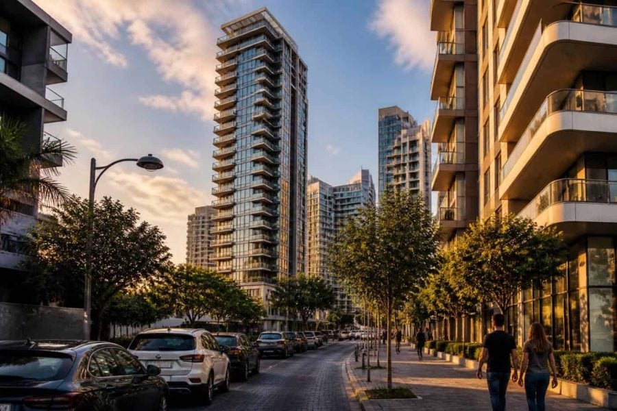 Modern luxury apartment towers and upscale residential buildings in Tel Aviv at sunset