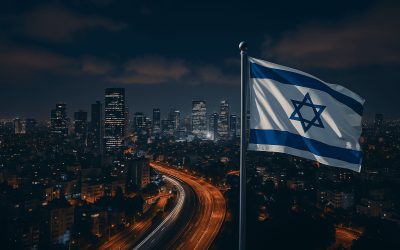 Israel flag waving in cityscape at night skyline.