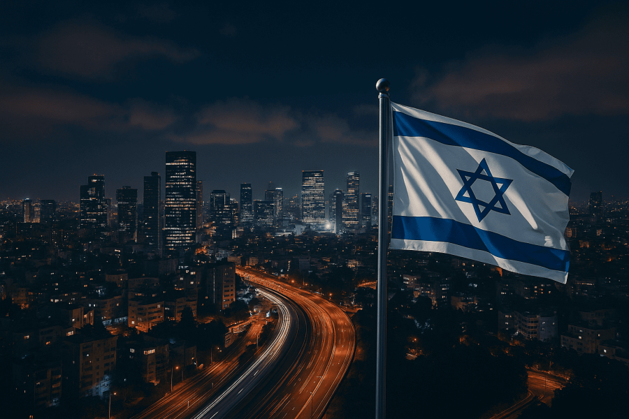 Israel flag waving in cityscape at night skyline.