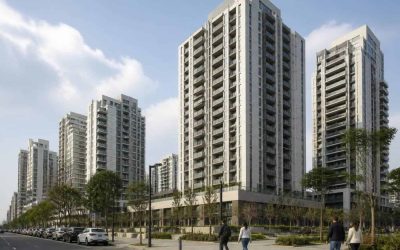 Modern apartment towers in central Tel Aviv viewed from a nearby street