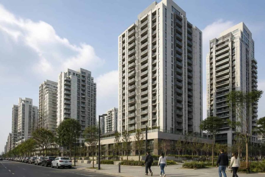 Modern apartment towers in central Tel Aviv viewed from a nearby street