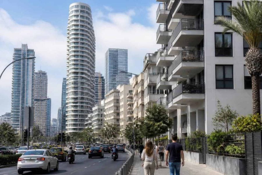 Apartment buildings and street traffic in central Tel Aviv during a busy day
