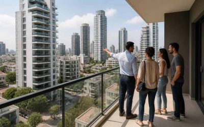 Modern Tel Aviv apartment buildings with people viewing a rental property
