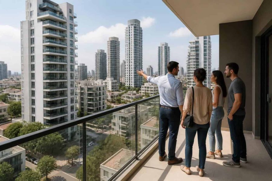Modern Tel Aviv apartment buildings with people viewing a rental property