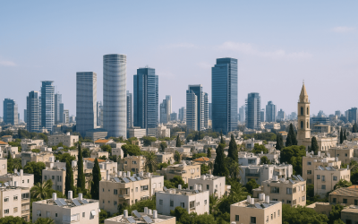 Cityscape with dark sky and tall buildings visible.