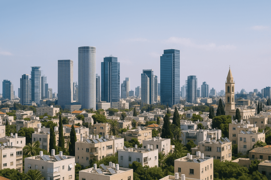 Cityscape with dark sky and tall buildings visible.