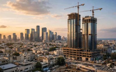 Architectural rendering of Acro Real Estate's newly approved Florentin Towers rising above the Tel Aviv neighborhood skyline