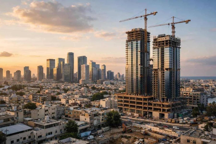 Architectural rendering of Acro Real Estate's newly approved Florentin Towers rising above the Tel Aviv neighborhood skyline