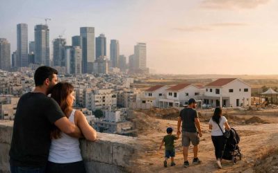 Tel Aviv skyline contrasted with new construction in Israeli periphery towns
