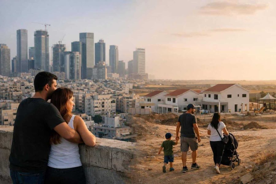 Tel Aviv skyline contrasted with new construction in Israeli periphery towns