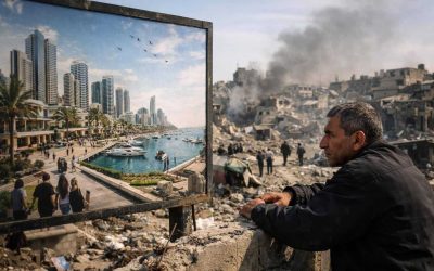 Conceptual illustration contrasting a futuristic Gaza real estate rendering with the reality of current war damage