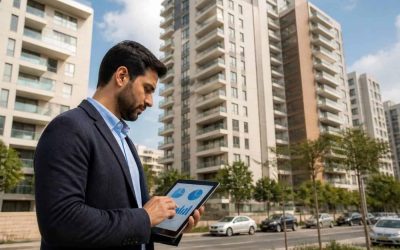 Modern apartment buildings in Israel with a real estate investor reviewing housing market data