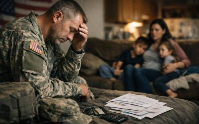 Military reservists standing in formation with a blurred government building in the background