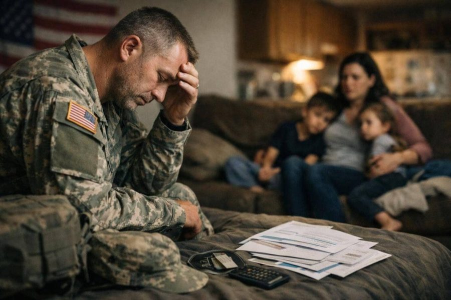 Military reservists standing in formation with a blurred government building in the background