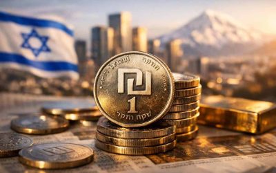 Israeli Shekel currency notes and coins with a rising financial stock chart in the background