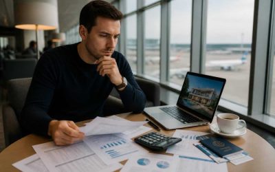 Foreign homebuyer reviewing financial documents and a laptop before an overseas property trip