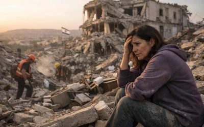 Illustration of a seismograph needle over a map of Israel, representing the threat of earthquakes versus geopolitical tensions