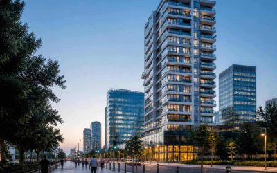 Photorealistic view of a modern luxury residential tower in Tel Aviv's business district at dusk