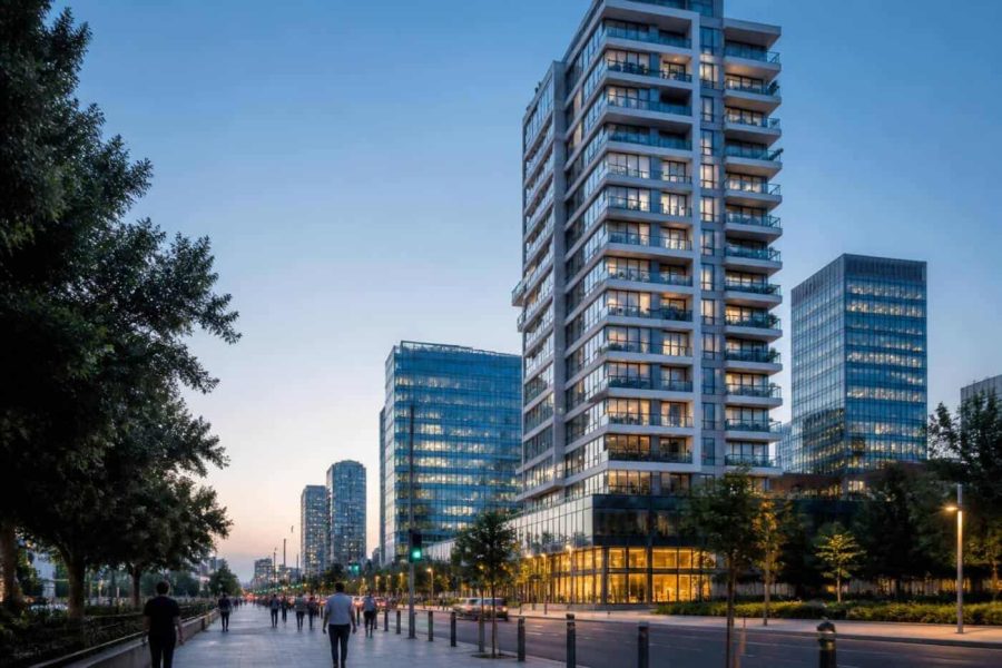 Photorealistic view of a modern luxury residential tower in Tel Aviv's business district at dusk