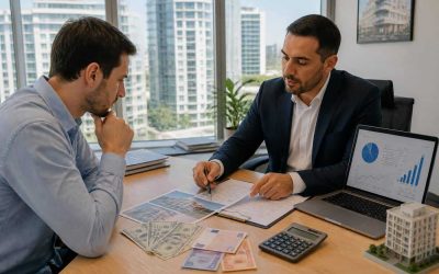 Foreign homebuyer reviewing Israeli real estate documents and currency exchange calculations on a desk