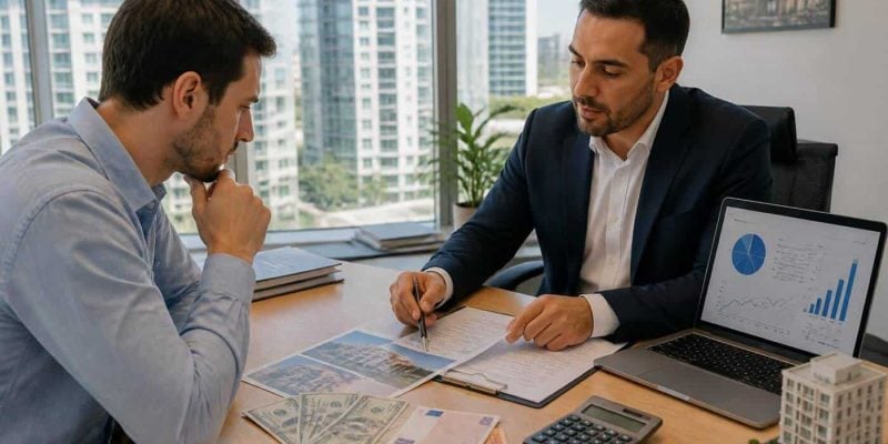 Foreign homebuyer reviewing Israeli real estate documents and currency exchange calculations on a desk