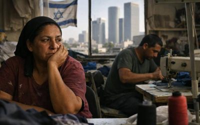 Illustration contrasting the modern Tel Aviv skyline with a struggling worker, symbolizing the economic gap in Israel