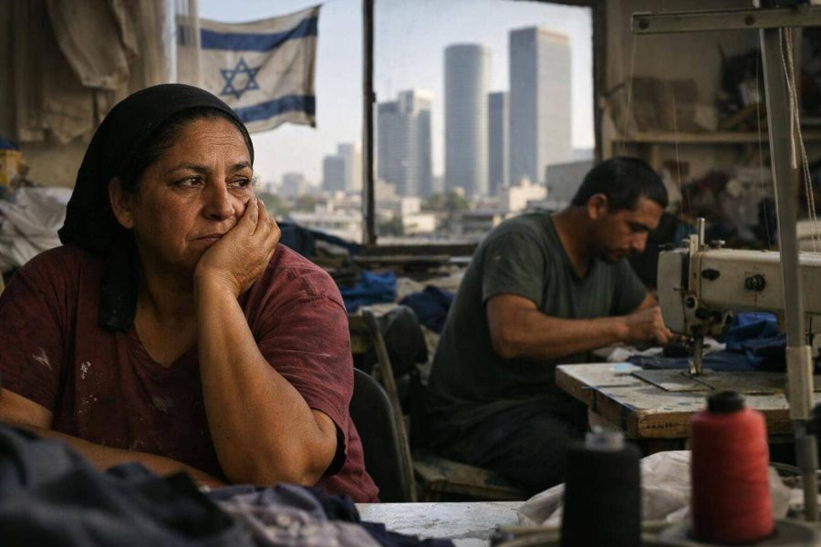 Illustration contrasting the modern Tel Aviv skyline with a struggling worker, symbolizing the economic gap in Israel