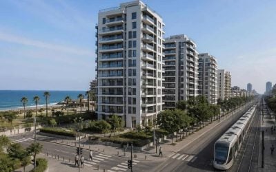 Modern apartment buildings near the Bat Yam coastline with light rail infrastructure nearby