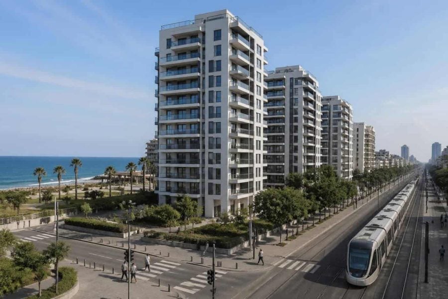 Modern apartment buildings near the Bat Yam coastline with light rail infrastructure nearby