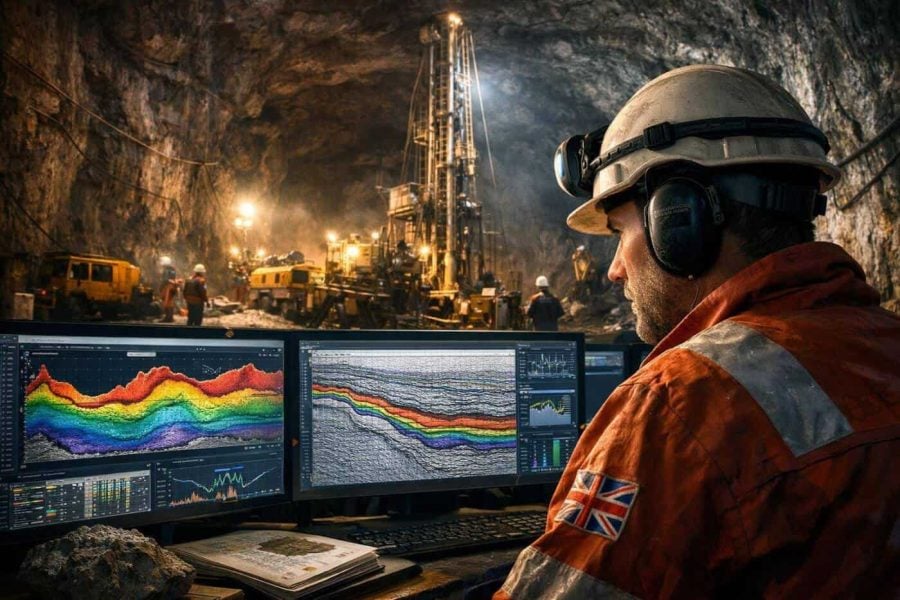 Digital map visualization showing Britain's subsurface geological layers and data points