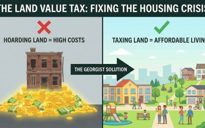 The image is divided into two sections by a black arrow labeled "THE GEORGIST SOLUTION." On the left side, there's an illustration of a dilapidated building with a pile of money in front of it, acc...