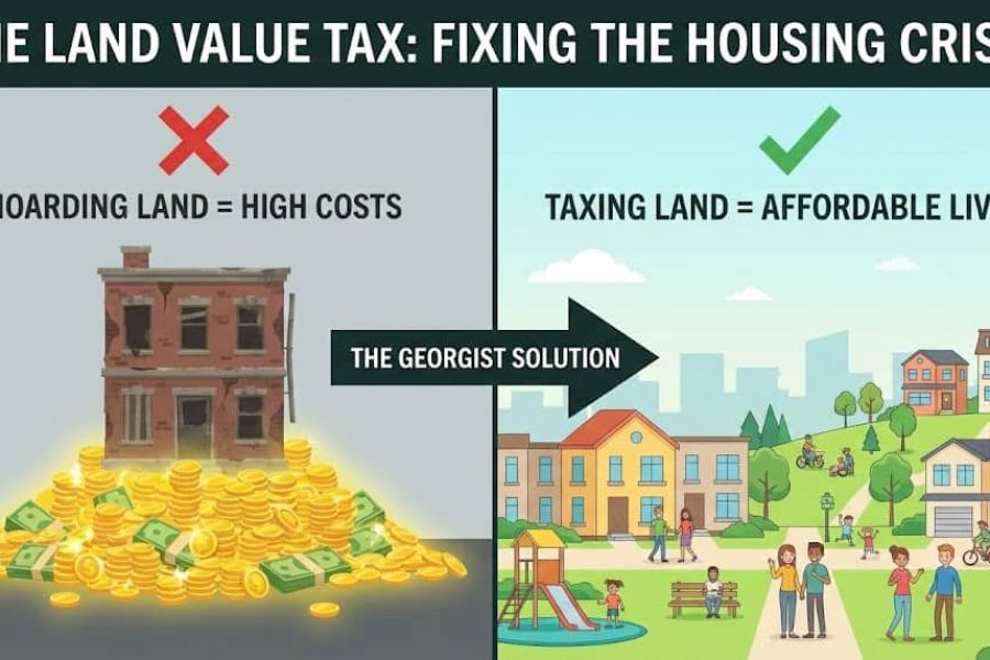 The image is divided into two sections by a black arrow labeled "THE GEORGIST SOLUTION." On the left side, there's an illustration of a dilapidated building with a pile of money in front of it, acc...