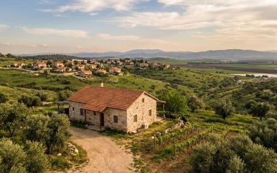 The image depicts a quaint stone house with a red-tiled roof, situated in a rural landscape. The house is surrounded by lush greenery, including trees and bushes. A dirt path leads up to the house,...