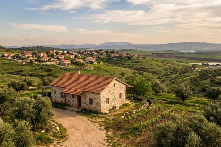 The image depicts a quaint stone house with a red-tiled roof, situated in a rural landscape. The house is surrounded by lush greenery, including trees and bushes. A dirt path leads up to the house,...