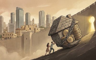 The image depicts a couple walking up a steep hill towards a large, ancient-looking lock adorned with gold coins. The lock is chained to a stone wall, and as they approach it, the lock begins to op...