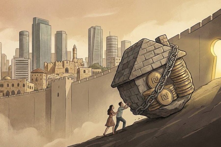 The image depicts a couple walking up a steep hill towards a large, ancient-looking lock adorned with gold coins. The lock is chained to a stone wall, and as they approach it, the lock begins to op...