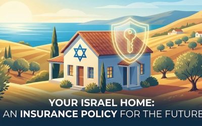 The image depicts a picturesque Israeli home set against a serene landscape featuring rolling hills, trees, and a body of water in the background. The house has a traditional design with a red-tile...