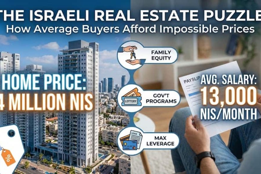 The image is an advertisement titled "THE ISRAELI REAL ESTATE PUZZLE: How Average Buyers Afford Impossible Prices." It features a man holding a payslip with the text "AVG. SALARY: 13,000 NIS/MONTH"...