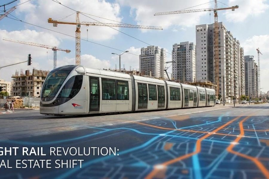 The image shows a modern light rail train traveling along its tracks in an urban setting. The train is sleek and white, with large windows and a streamlined design. In the background, there are sev...