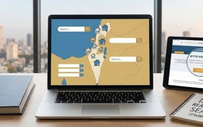 The image shows a laptop and a tablet placed on a wooden desk in front of a large window with a cityscape view. The laptop screen displays a map of Israel with various locations marked, and there i...