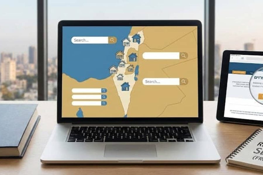 The image shows a laptop and a tablet placed on a wooden desk in front of a large window with a cityscape view. The laptop screen displays a map of Israel with various locations marked, and there i...