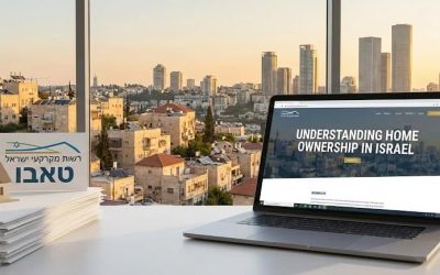 The image shows a laptop displaying a webpage titled "Understanding Home Ownership in Israel." The laptop is placed on a desk with a stack of papers next to it. In the background, there is a window...