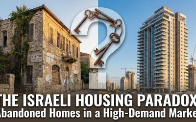 The image features two contrasting buildings: an old, dilapidated stone house on the left and a modern, high-rise apartment building on the right. The background includes a construction crane, indi...